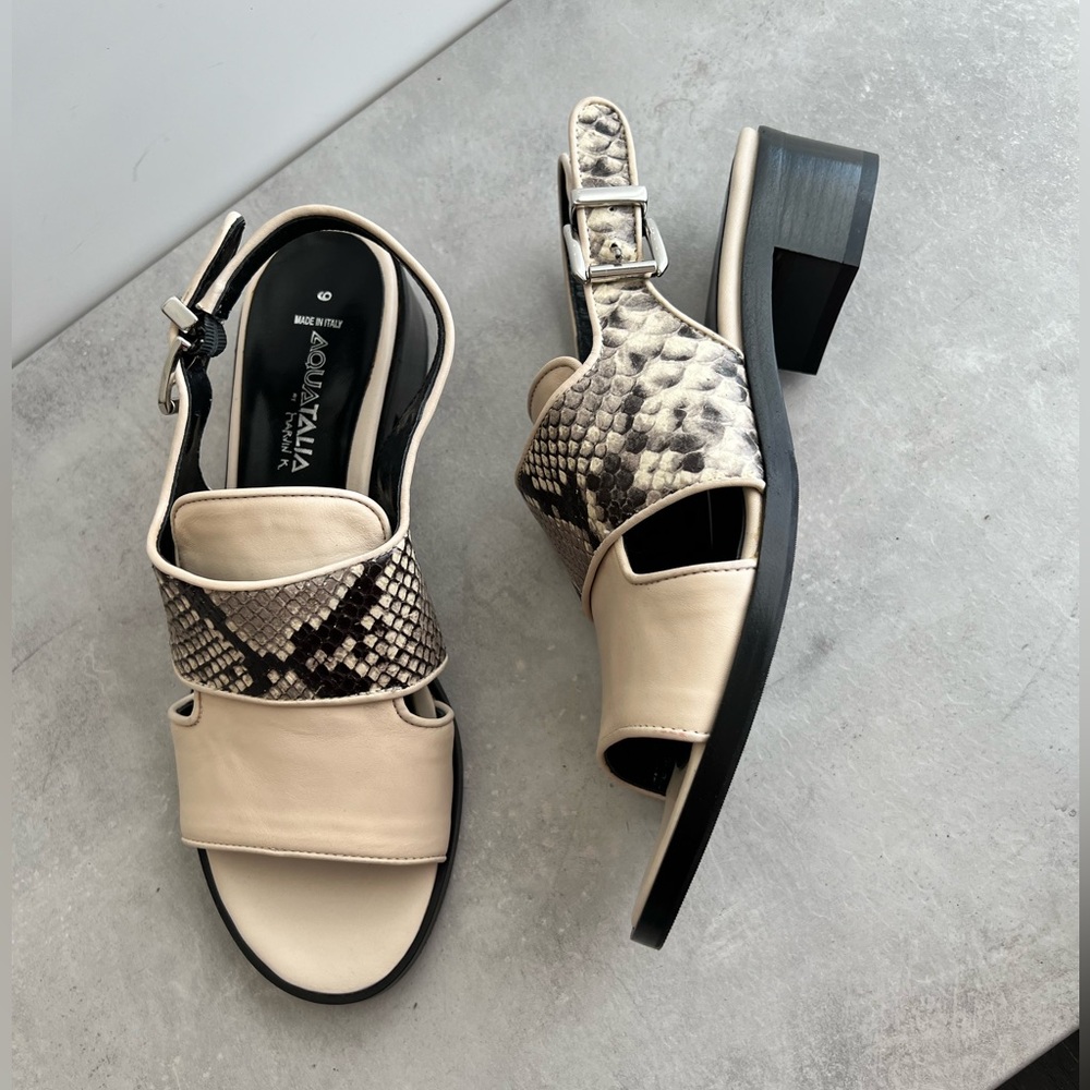 - Aquatalia Leather Snake Print Slingback Sandals
Women's Size: 9